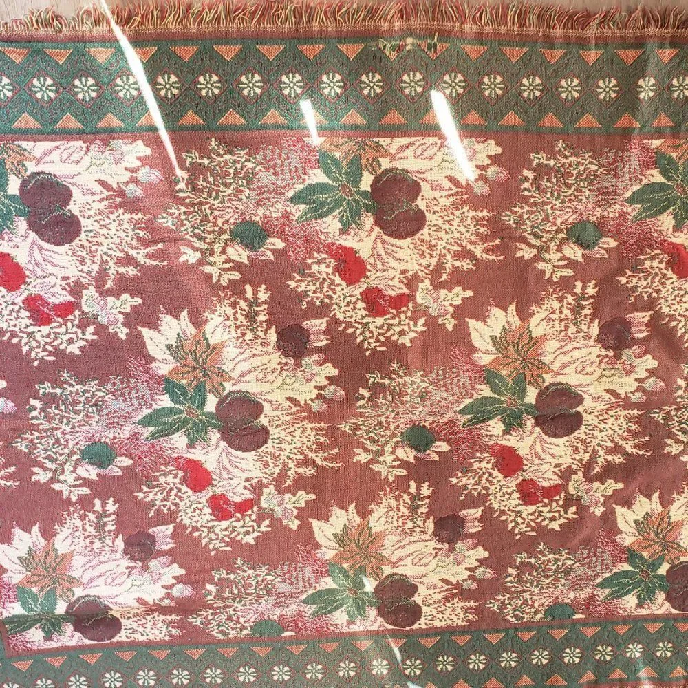 Poinsettia Woven Cotton Throw Sugar Plums Fringe Festive Holiday Blanket 44x62
